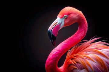 Obraz premium Stunning Flamingo Bird on Isolated Black Background with Copy Space for Creative Projects
