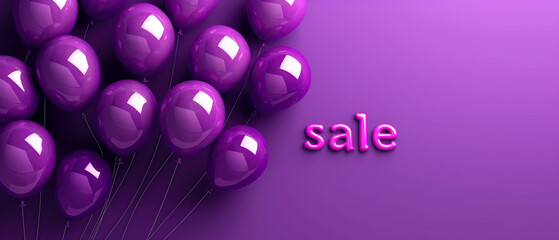 Purple sale banner. Inscription with Sale, balloons, decorations on purple. Template for seasonal sales, promotions, offers ads. Copy space. Generative ai