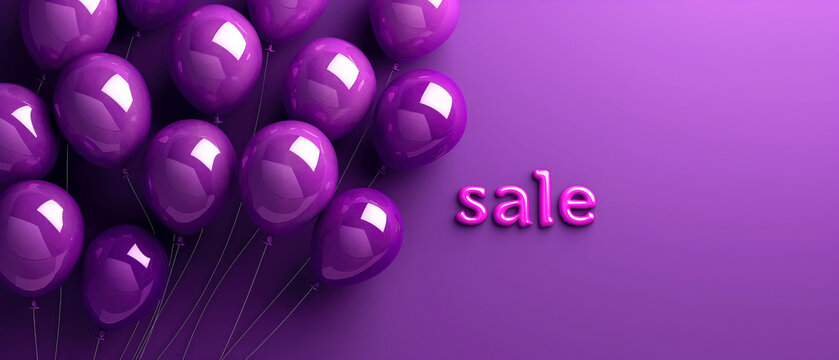 Purple sale banner. Inscription with Sale, balloons, decorations on purple. Template for seasonal sales, promotions, offers ads. Copy space. Generative ai