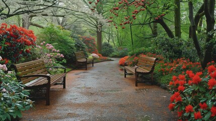 Serene Garden Path with Benches Amidst Blooming Azaleas