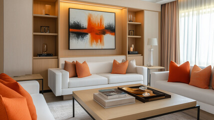 Fototapeta premium A modern living room with a white sofa light wood paneling on the walls