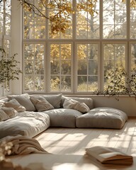 A serene, sunlit living room features a spacious, minimalist beige sectional sofa surrounded by nature, exuding warmth and tranquility.
