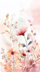 Delicate watercolor floral illustration with soft pink and peach tones, featuring blooming flowers and leaves in ethereal, dreamy style. Perfect for artistic and decorative purposes.