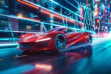 HIgh speed generic red sports car driving in the city with neon light motion effect applied . Automobile futuristic technology concept . 3D rendering and mixed media composition