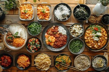 Fototapeta premium A colorful assortment of various Asian dishes is beautifully arranged on a wooden table, showcasing noodles, vegetables, and sauces. The meal highlights the diversity of flavors and textures