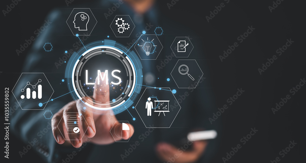 Poster learning management system concept. businessman touching virtual screen of lms or learning managemen
