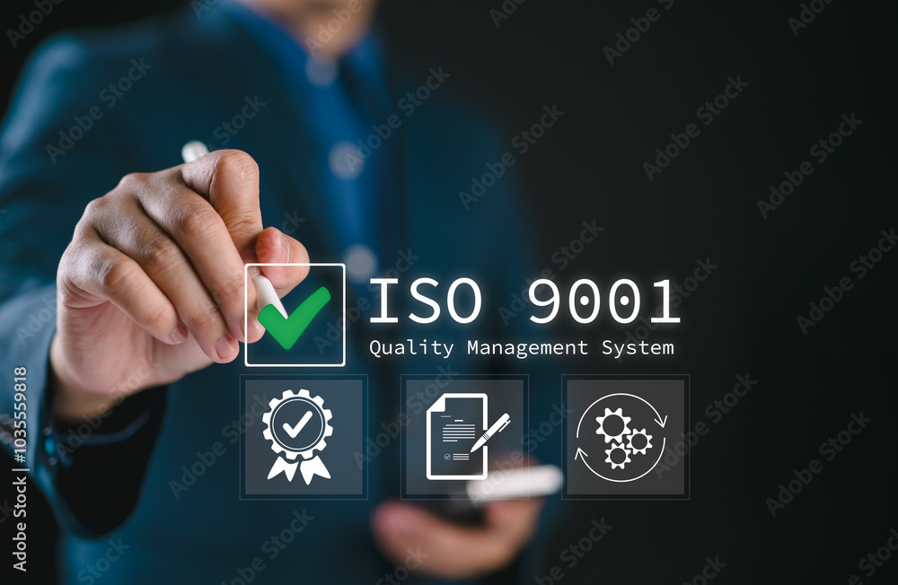 Poster qms, iso 9001 quality management system concept. certified and quality management of organizations b