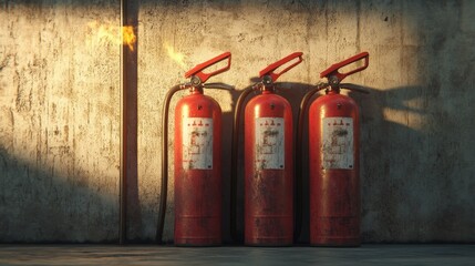 Obraz premium Safety Equipment Display, a collection of fire extinguishers arranged in a modern setting, showcasing various types and colors for fire prevention awareness and emergency preparedness.