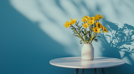 Minimalist plain a small white table and yellow flowers