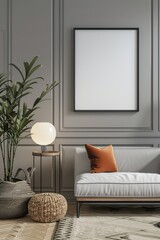 Close Up Of Cozy Minimalist Living Room Interior With Mockup Frame Set Against A Scandinavian Background 3d Render, Generative Ai 