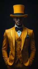 commercial for a digital agency with a black them and a man in a yellow suit with a top hat and a bit of black 