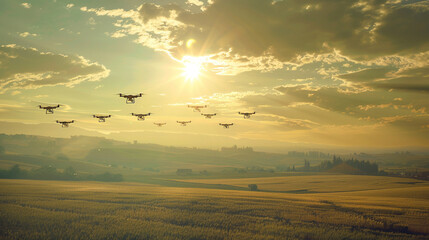 Obraz premium Group of drones flying in formation over a vast farm, conducting a large-scale survey of crops, with the bright sun overhead and a minimalistic rural scene. Management productivity sustainability