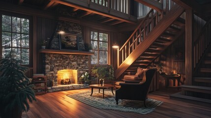 Fototapeta premium Living room featuring a stone fireplace, a wooden staircase, and cozy hardwood floors illuminated by natural light.