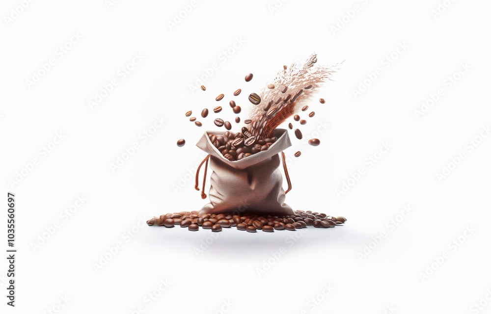 Poster a burlap bag overflowing with coffee beans with some spilling out and floating in the air.