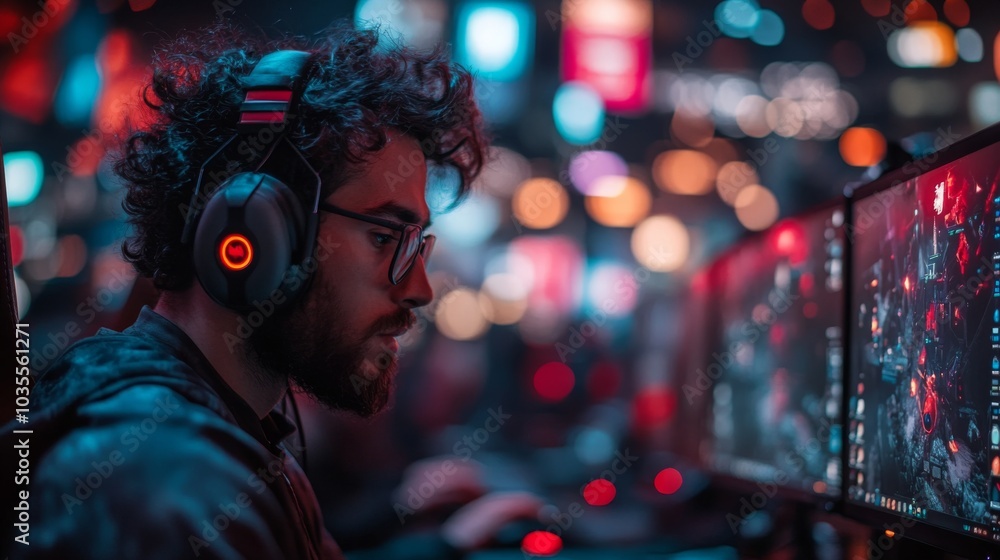 Aufkleber a dedicated gamer concentrates on multiple screens displaying captivating visuals while engaging in 