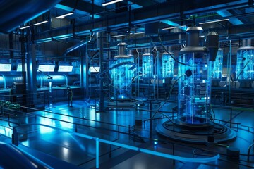 A high-tech hydrogen production facility, where engineers monitor the process of creating green hydrogen. MZ 