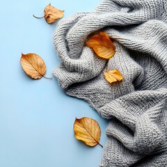 Autumn Leaves and Cozy Blanket on Bright Backdrop