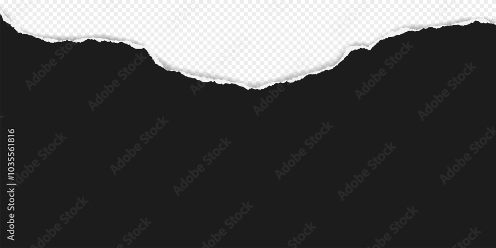 Poster black piece of paper with torn edges and soft shadow are on transparent background for text or ad.