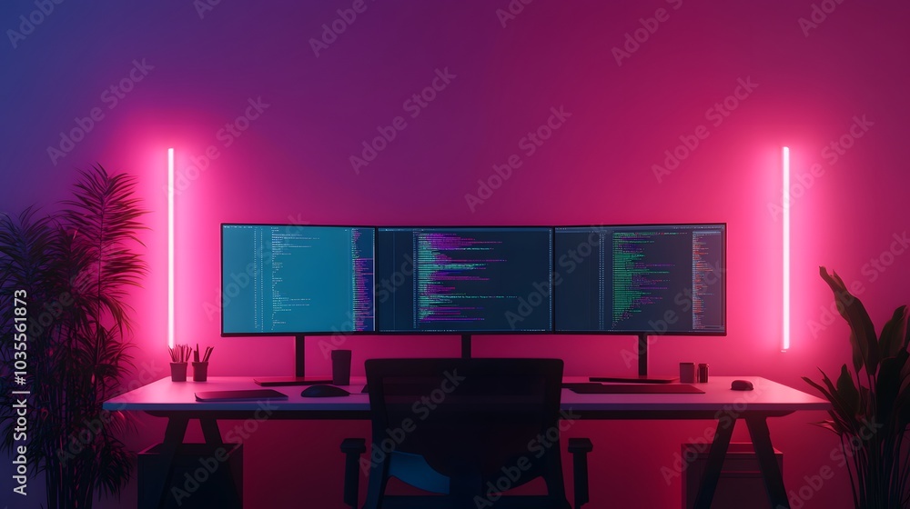 Poster a modern workspace featuring three monitors with vibrant code displays, illuminated by pink lights a