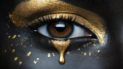 Close-Up of Artistic Eye Makeup with Gold Tear