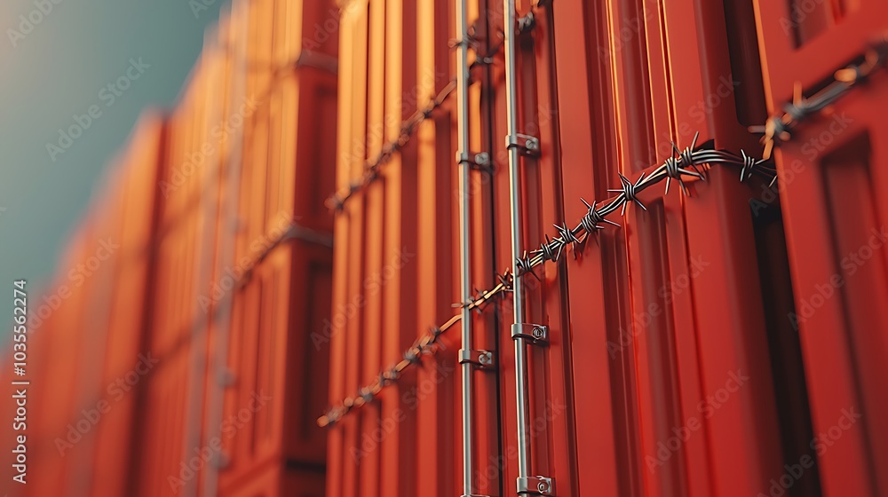 Poster a close-up view of stacked shipping containers surrounded by barbed wire in a warehouse environment 