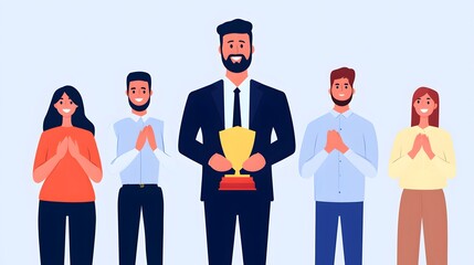 A group of five individuals, one holding a trophy, celebrating achievement in a professional setting with a backdrop of applause.