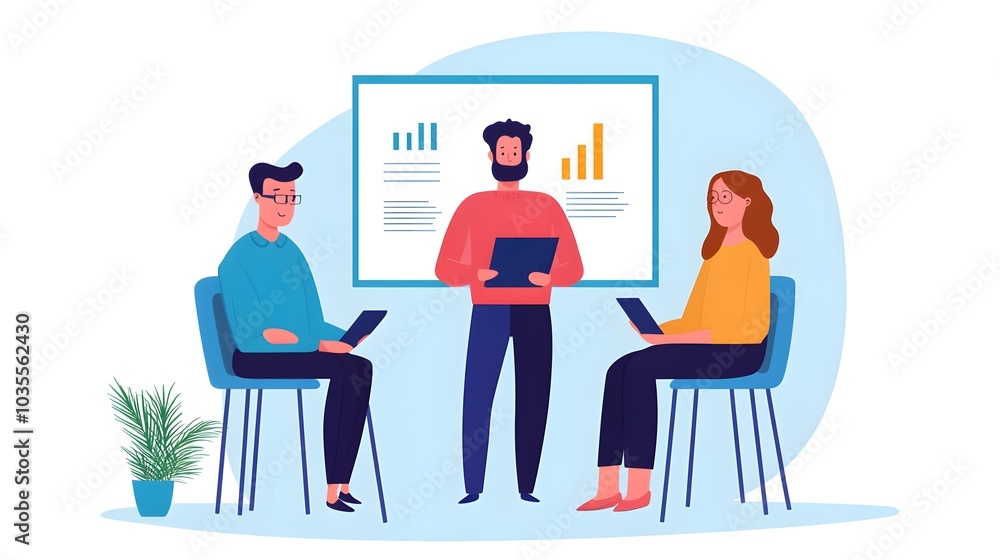 Poster a group of three professionals in a meeting, discussing data insights, with charts displayed on a sc