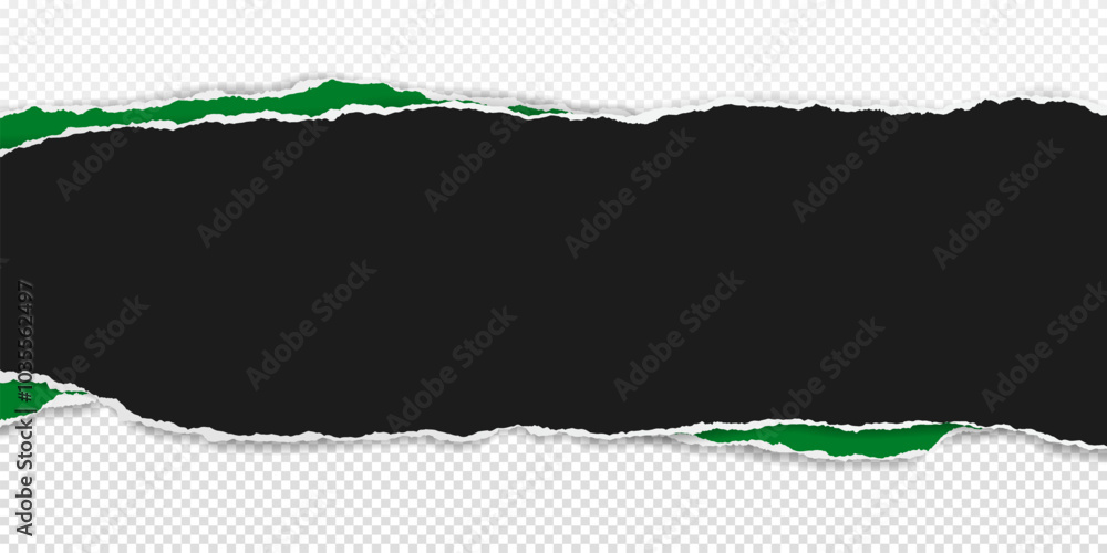Poster black, green piece of paper with torn edges and soft shadow are on transparent background for text o