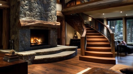 Rustic living room with a stone fireplace, sturdy wooden mantel, and staircase ascending along wooden flooring.