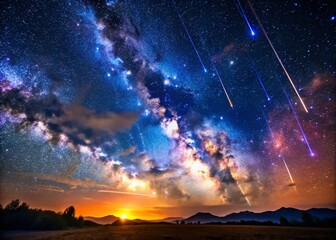 Obraz premium Stunning Meteor Shower at Night: Bright Trails of Falling Stars in the Dark Sky