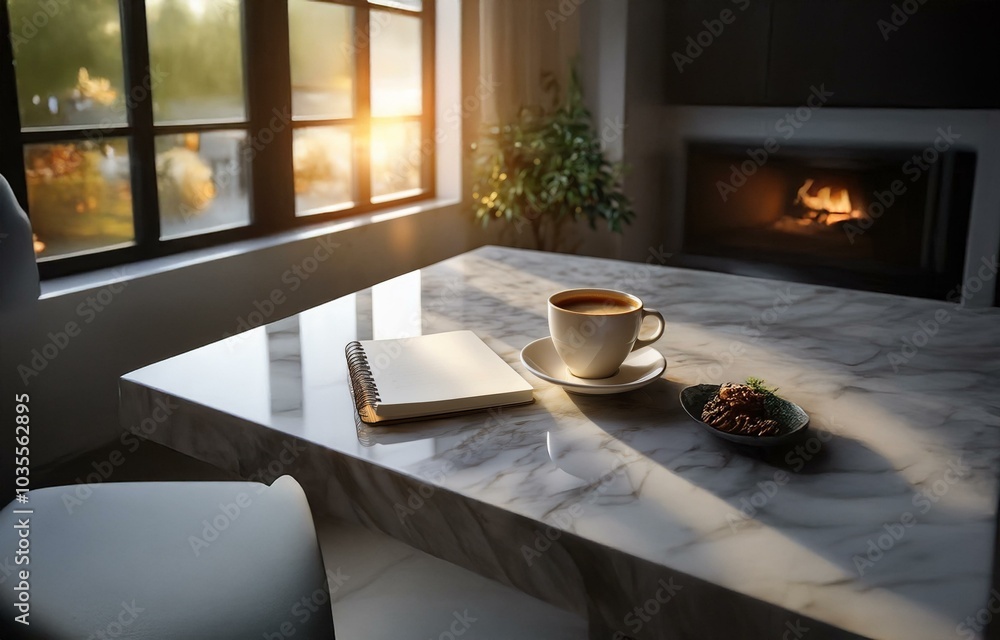 Poster a cup of coffee, a notepad and a plate of cookies sit on a marble table next to a window.