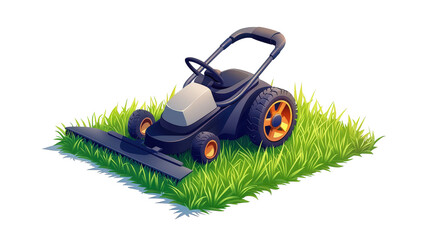 Fototapeta premium Lawn mower on lush green grass on white background, transparent background