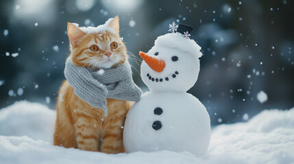 Cute orange cat wearing a gray scarf, next to a snowman in front
