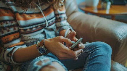 Woman using smartwatch and syncing it with mobile phone, wearable tech
