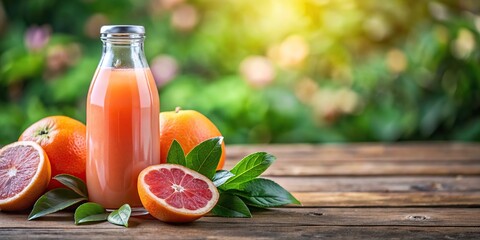 A bottle of homemade grapefruit juice with slices in the background, ingredients, kitchen, citrus