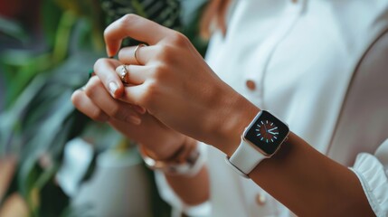 Woman using smartwatch and syncing it with mobile phone, wearable tech