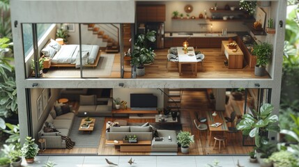 A cozy and detailed home model of a two-story loft apartment, showing a cozy living space filled with simple furniture and decorations.