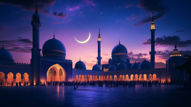 3D Mosque courtyard filled with people praying at night time, crescent moon in sky illustration.