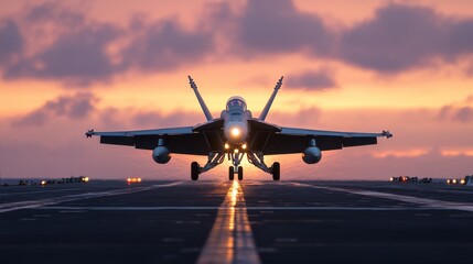 Jet fighter landing on a carrier deck at night, illuminated by runway lights