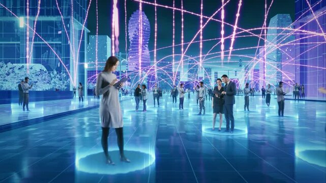 Happy People using Devices in Connected Social Network Wireless Metaverse. Diverse People do ebusiness, ecommerc, communication. Visualization of Online Information Lines Interconnecting Individuals