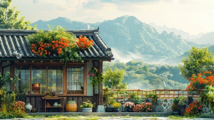 Fototapeta premium A Korean housewife is diligently fermenting kimchi on the porch of her home, with a traditional Korean-style house in the background.