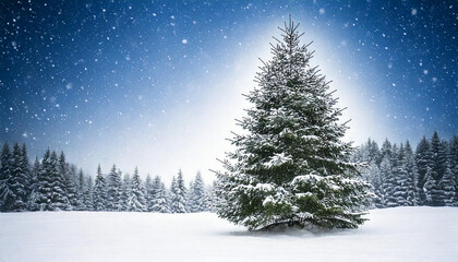 Naklejka premium Serene snowy landscape featuring a majestic christmas tree amidst a winter wonderland