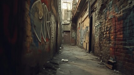 Fototapeta premium Urban decay, vibrant graffiti covers weathered walls, shadows loom in a narrow alley, a testament to street art's resilience amidst urban neglect