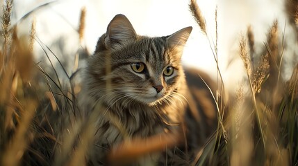 Norwegian Forest Cat Hunting in Tall Grass