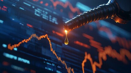 A fuel nozzle drips oil over digital stock market graphs, symbolizing the intersection of energy markets and financial trading.
