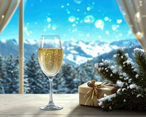 Champagne glass with gift and snowy landscape.