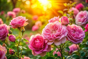 Fototapeta premium Stunning Pink Roses in Sunlight - Vibrant Floral Beauty for Nature Lovers