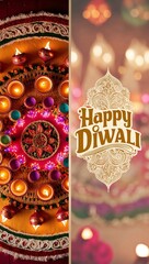 Happy Diwali Indian greeting card vertical banner. Generative Ai.