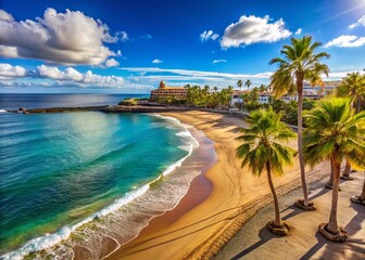 Obraz premium Stunning Playa de las Vistas in Tenerife: Scenic Beach View with Clear Blue Waters and Golden Sand for