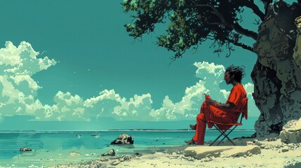 A vampire is happily applying sunscreen on a chair under a tree on the beach.